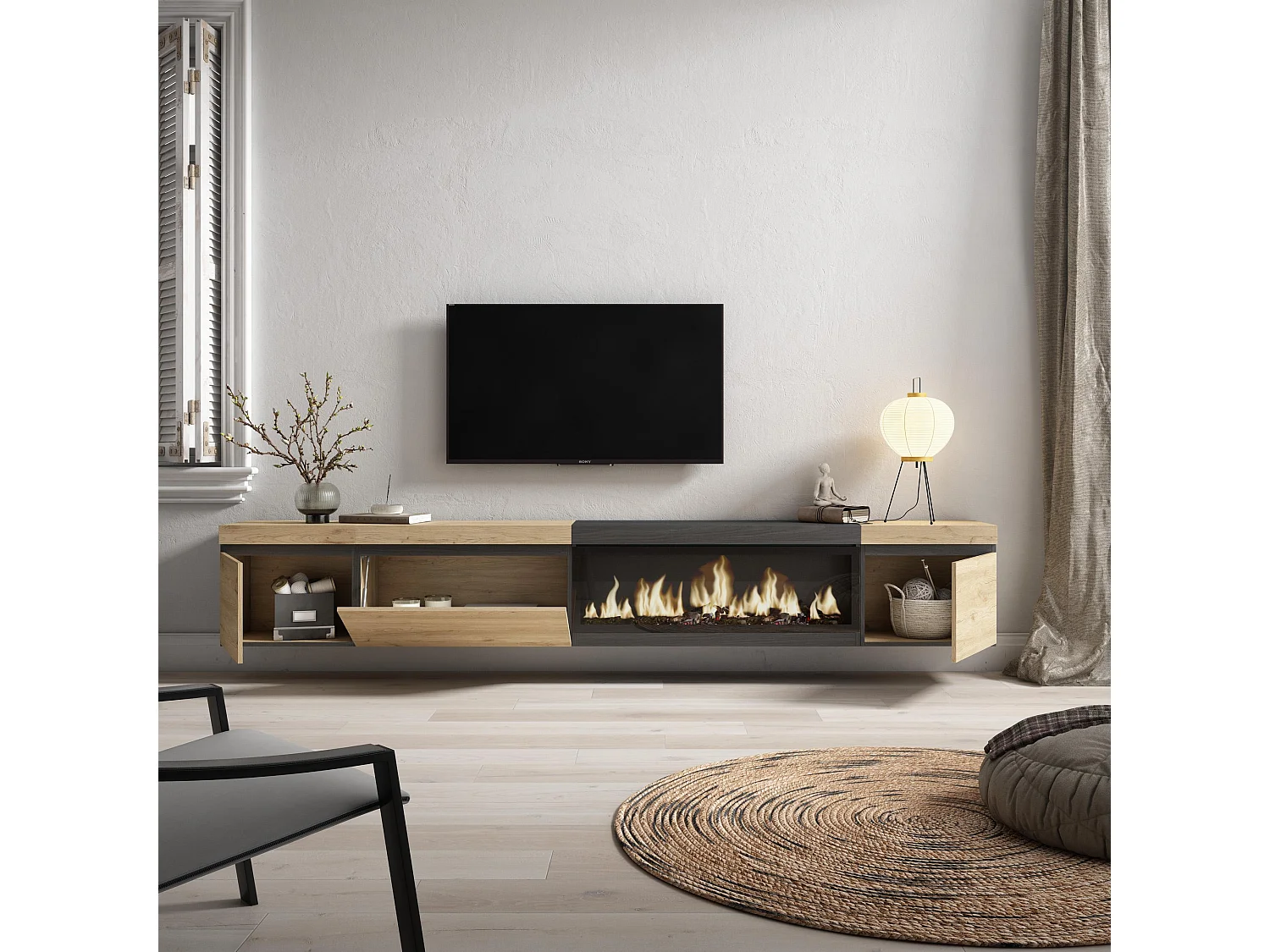 TV-Schrank, Lowboard, 288x35x45cm, Für großformatiges TV, Elektrokamin XXL, Hängend, Eiche Schwarz