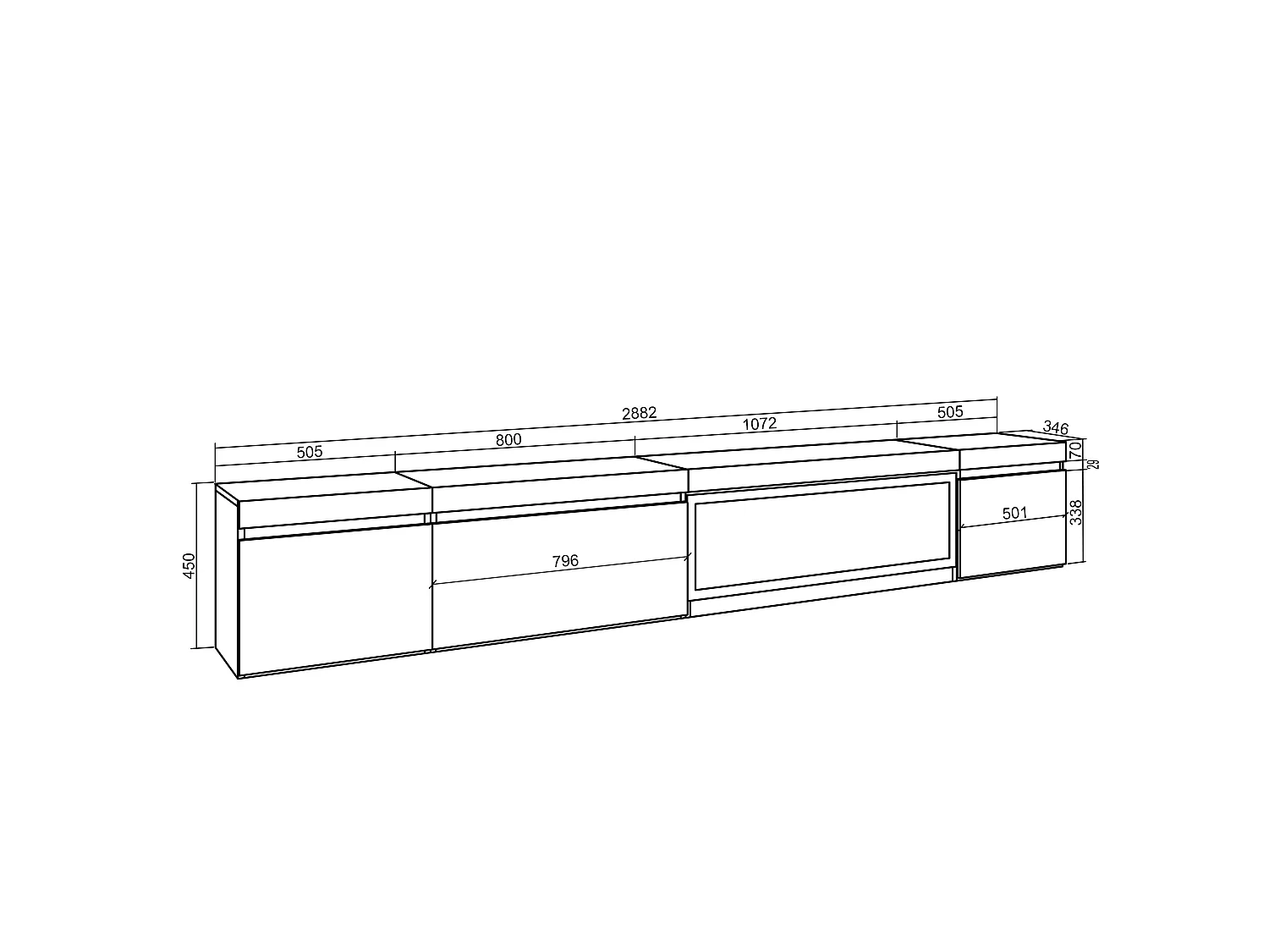 TV-Schrank, Lowboard, 288x35x45cm, Für großformatiges TV, Elektrokamin XXL, Hängend, Eiche Schwarz