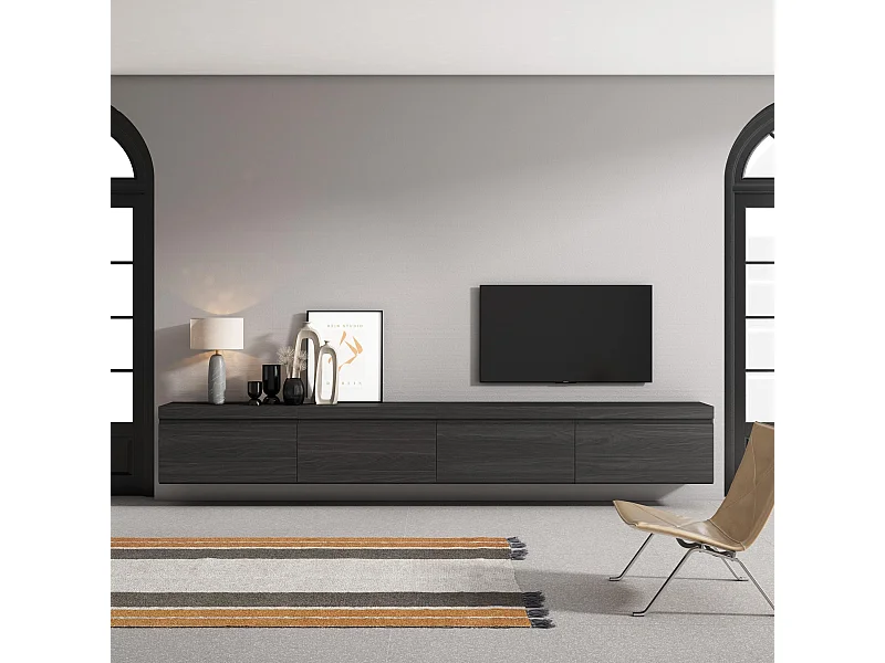 Meuble TV, Banc Télé, 320x35x45 cm, TV grand format, Suspendu, Mural, Noir