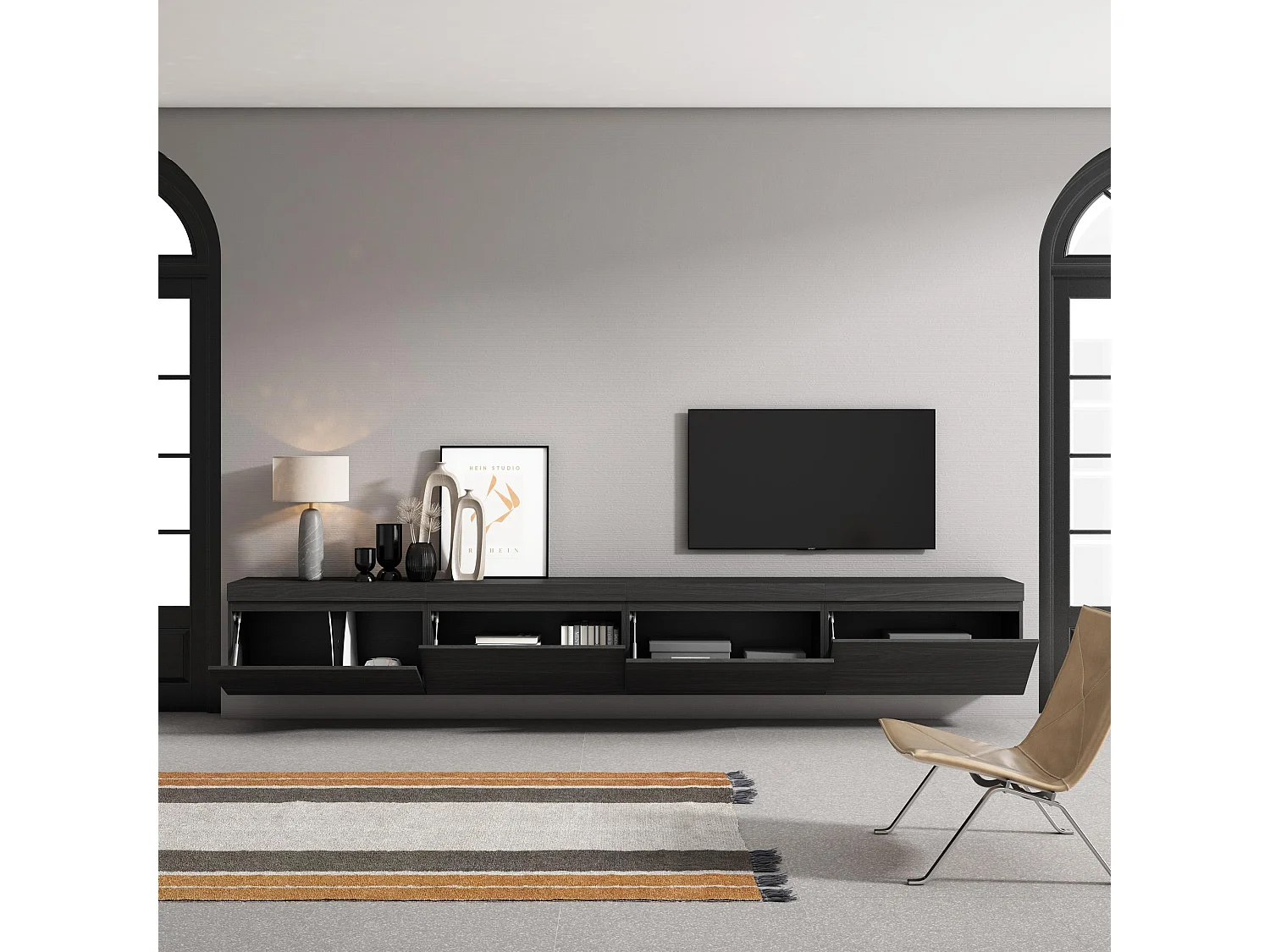 Meuble TV, Banc Télé, 320x35x45 cm, TV grand format, Suspendu, Mural, Noir