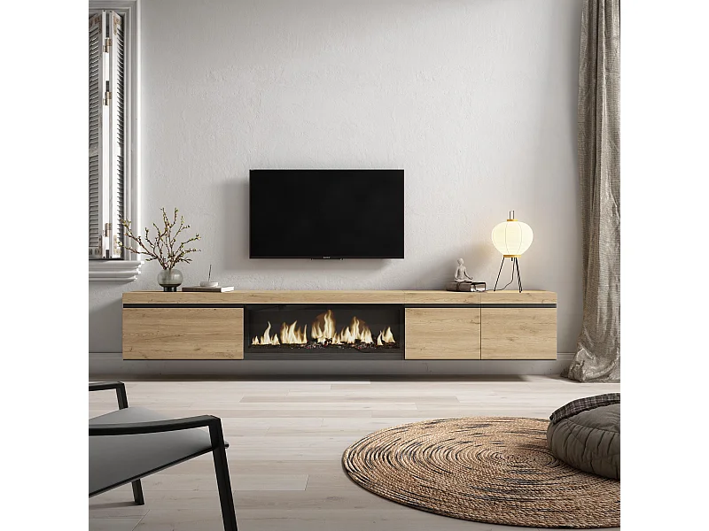TV-Meubel, Lowboard, 288x35x45cm, Groot formaat TV, Elektrische haard XXL, Hangend, Eiken