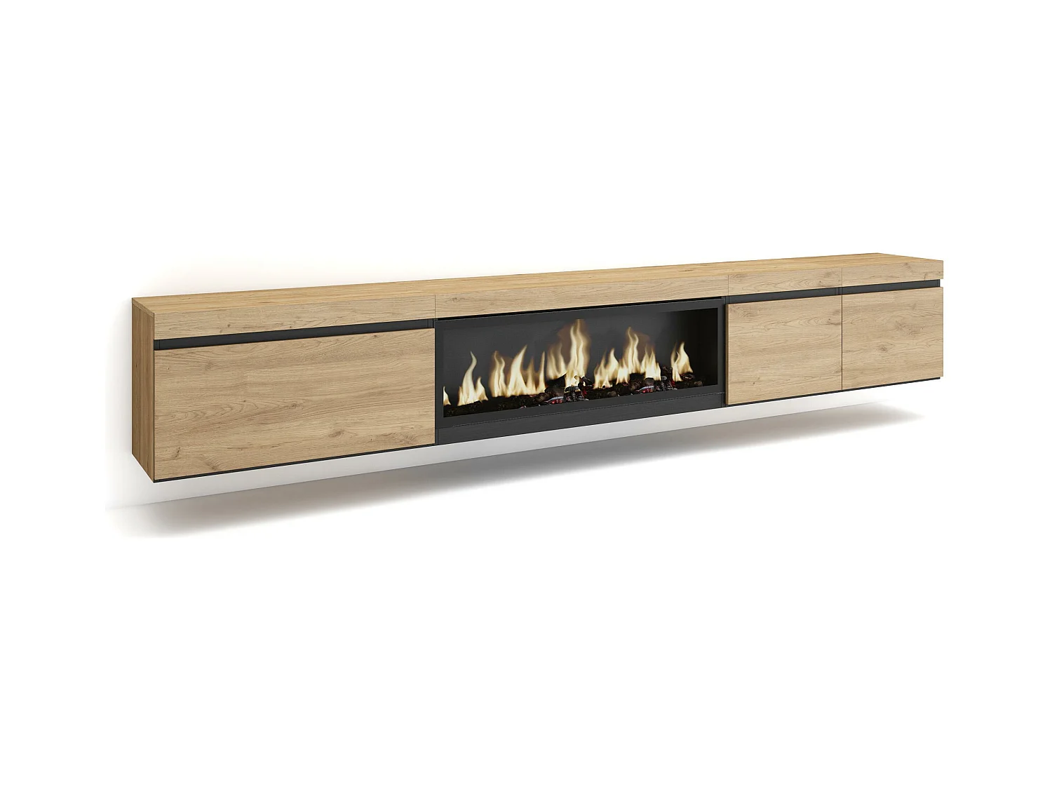 Mueble TV, Televisión, 288x35x45cm, Para TV gran formato, Chimenea eléctrica XXL, Colgado, Suspendido, Roble