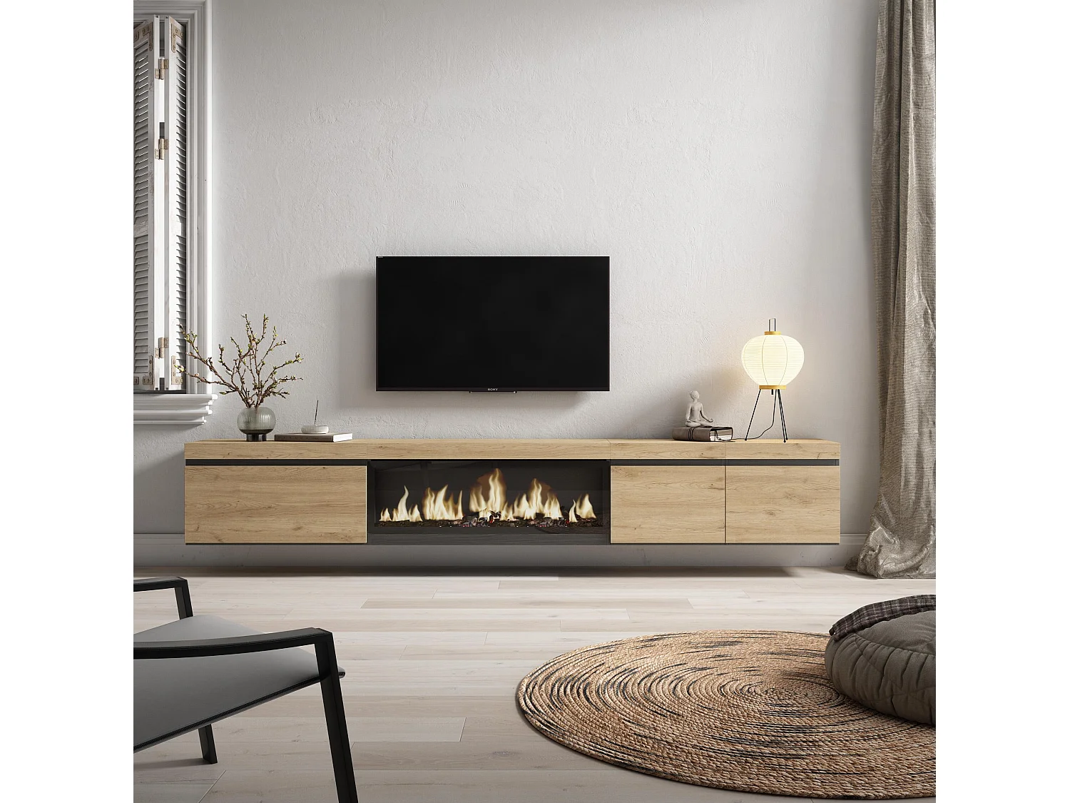 Meuble TV, Banc Télé, 288x35x45cm, TV grand format, Cheminée électrique XXL, Suspendu, Mural, Chêne