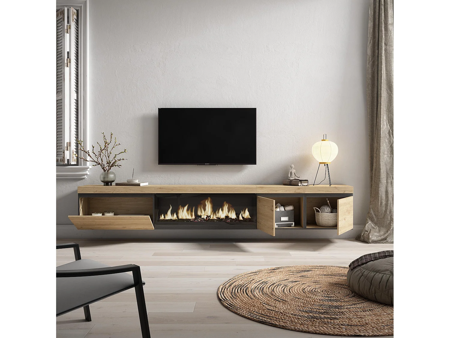 Meuble TV, Banc Télé, 288x35x45cm, TV grand format, Cheminée électrique XXL, Suspendu, Mural, Chêne