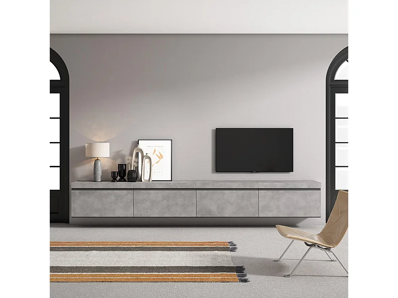 Meuble TV, Banc Télé, 320x35x45 cm, TV grand format, Suspendu, Mural, Ciment