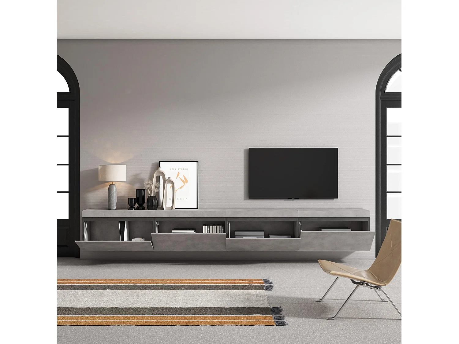 Meuble TV, Banc Télé, 320x35x45 cm, TV grand format, Suspendu, Mural, Ciment