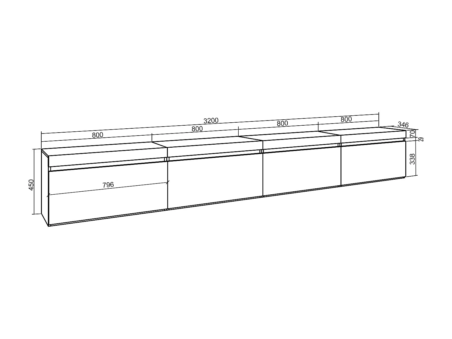 Meuble TV, Banc Télé, 320x35x45 cm, TV grand format, Suspendu, Mural, Ciment