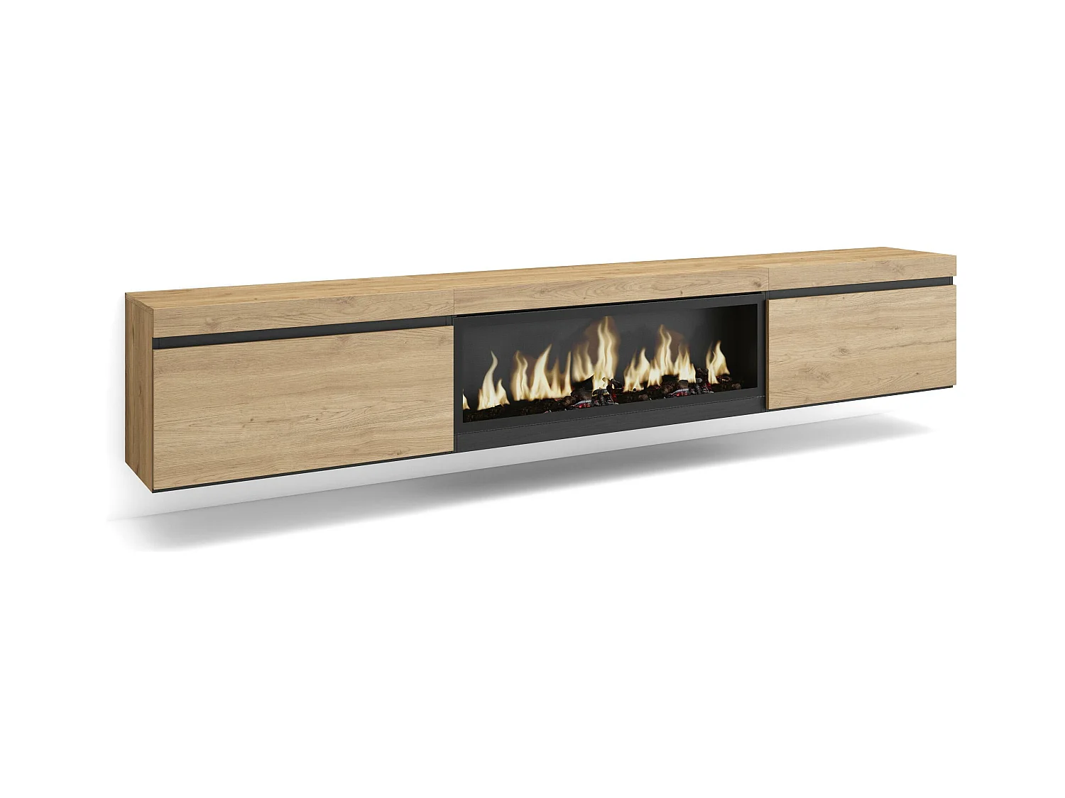 TV-Meubel, Lowboard, 267x35x45cm, Groot formaat TV, Elektrische haard XXL, Hangend, Eiken