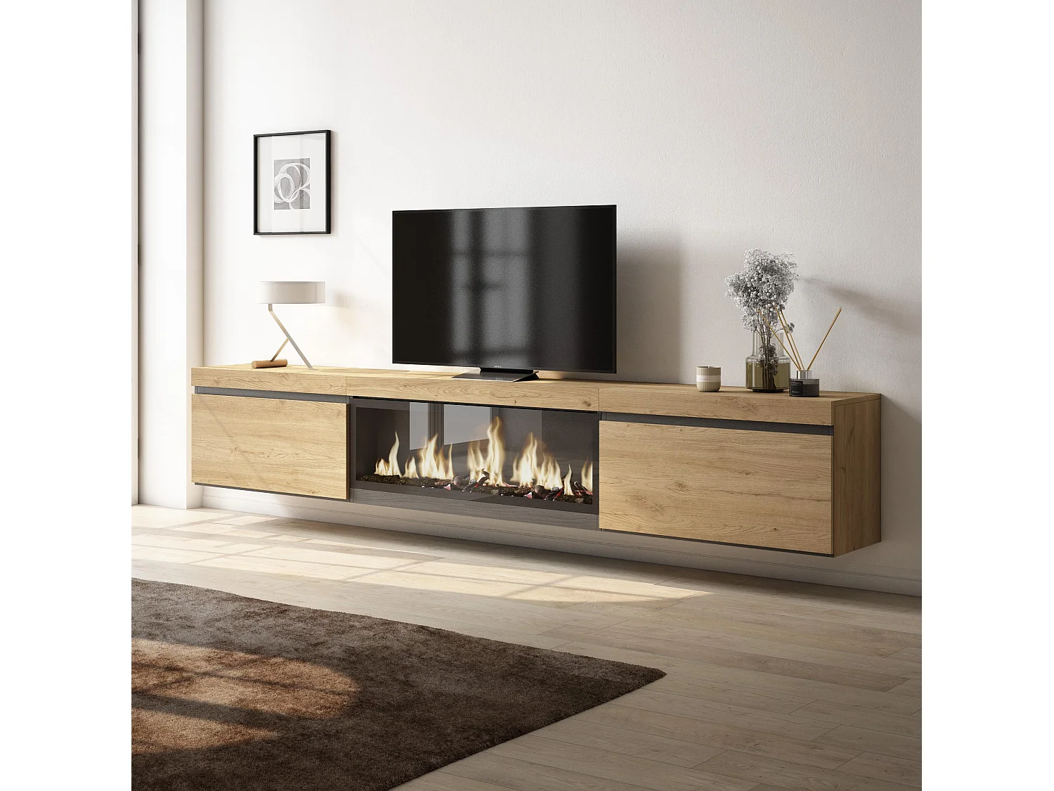 Móvel de TV, 267x35x45cm, TV de grande formato, Lareira eléctrica XXL, Suspensos, Carvalho