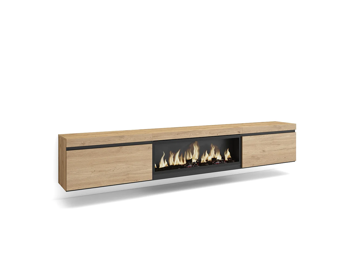 TV-Meubel, Lowboard, 267x35x45cm, Groot formaat TV, Elektrische haard XXL, Hangend, Eiken