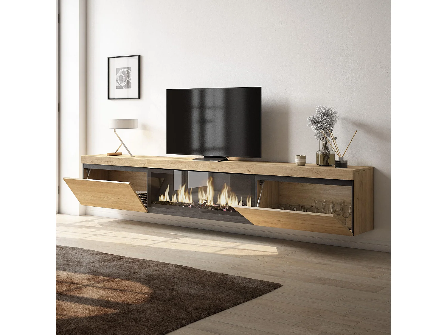 TV-Meubel, Lowboard, 267x35x45cm, Groot formaat TV, Elektrische haard XXL, Hangend, Eiken