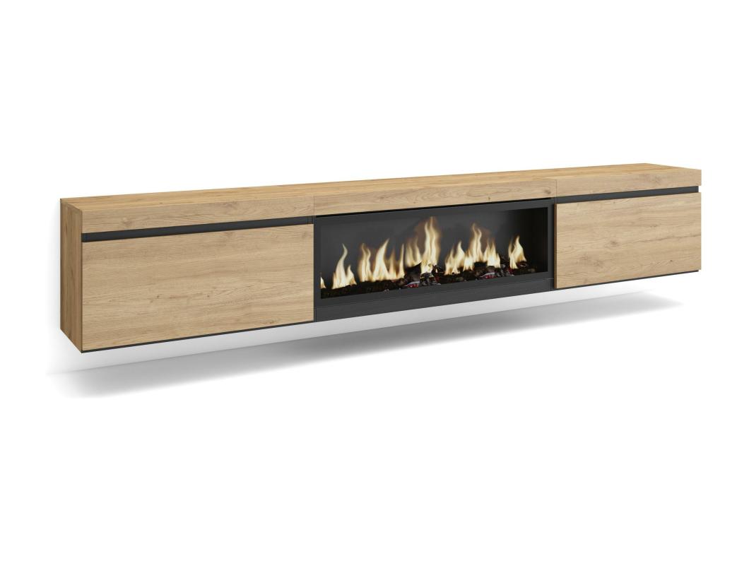 Mueble TV, Televisión, 267x35x45 cm, Para TV gran formato, Chimenea eléctrica XXL, Colgado, Suspendido, Roble