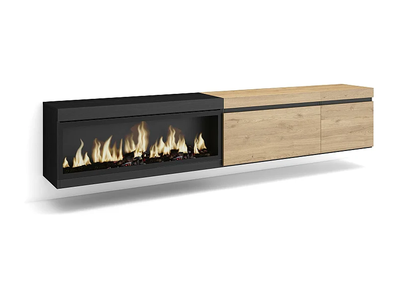 TV-Schrank, Lowboard, 237x35x45cm, Für großformatiges TV, Elektrokamin XXL, Hängend, Eiche Schwarz