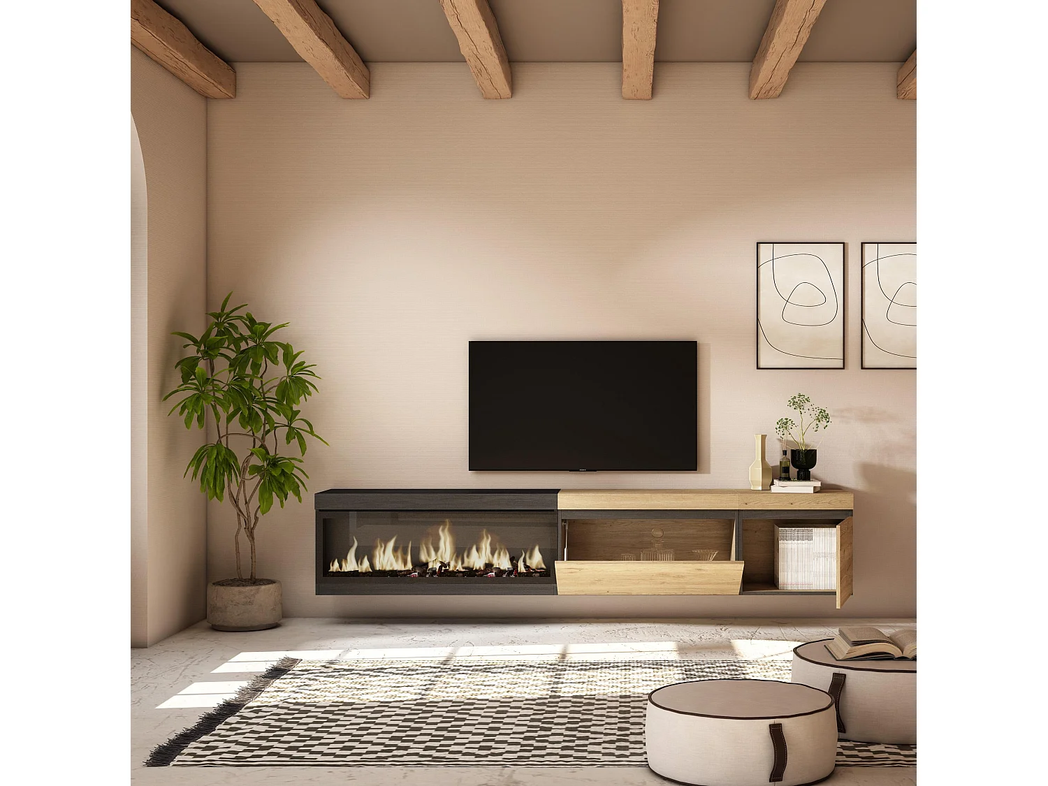 Meuble TV, Banc Télé, 237x35x45 cm, TV grand format, Cheminée électrique XXL, Suspendu, Mural, Chêne et noir