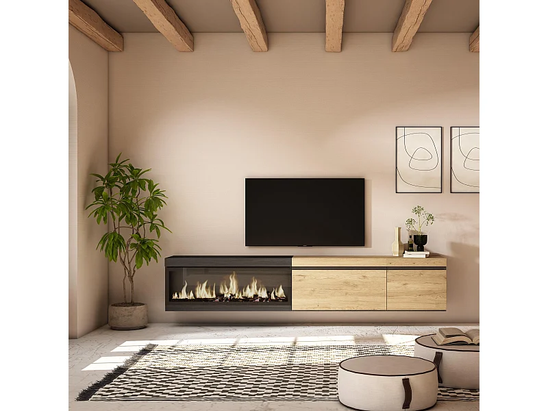 Móvel de TV, 237x35x45cm, TV de grande formato, Lareira eléctrica XXL, Suspensos, Carvahlo e preto