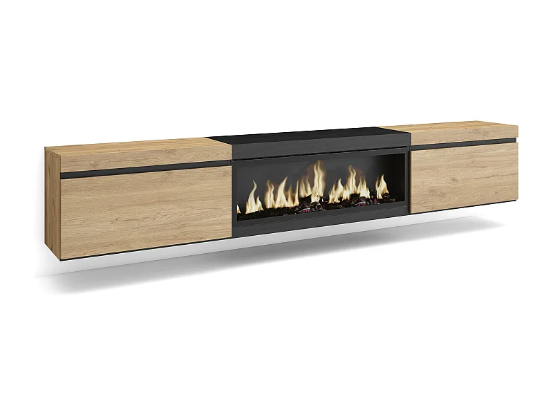 TV-Schrank, Lowboard, 267x35x45cm, Für großformatiges TV, Elektrokamin XXL, Hängend, Eiche Schwarz
