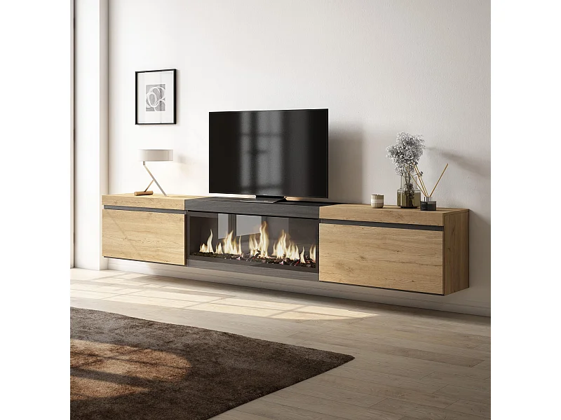 Meuble TV, Banc Télé, 267x35x45 cm, TV grand format, Cheminée électrique XXL, Suspendu, Mural, Chêne et noir