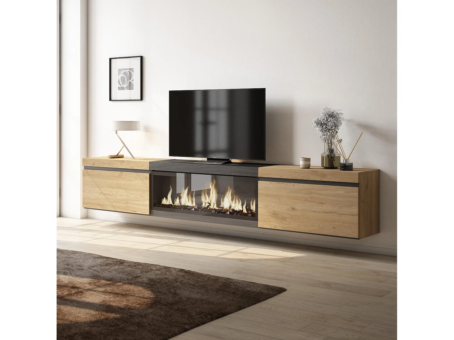 Móvel de TV, 267x35x45cm, TV de grande formato, Lareira eléctrica XXL, Suspensos, Carvahlo e preto