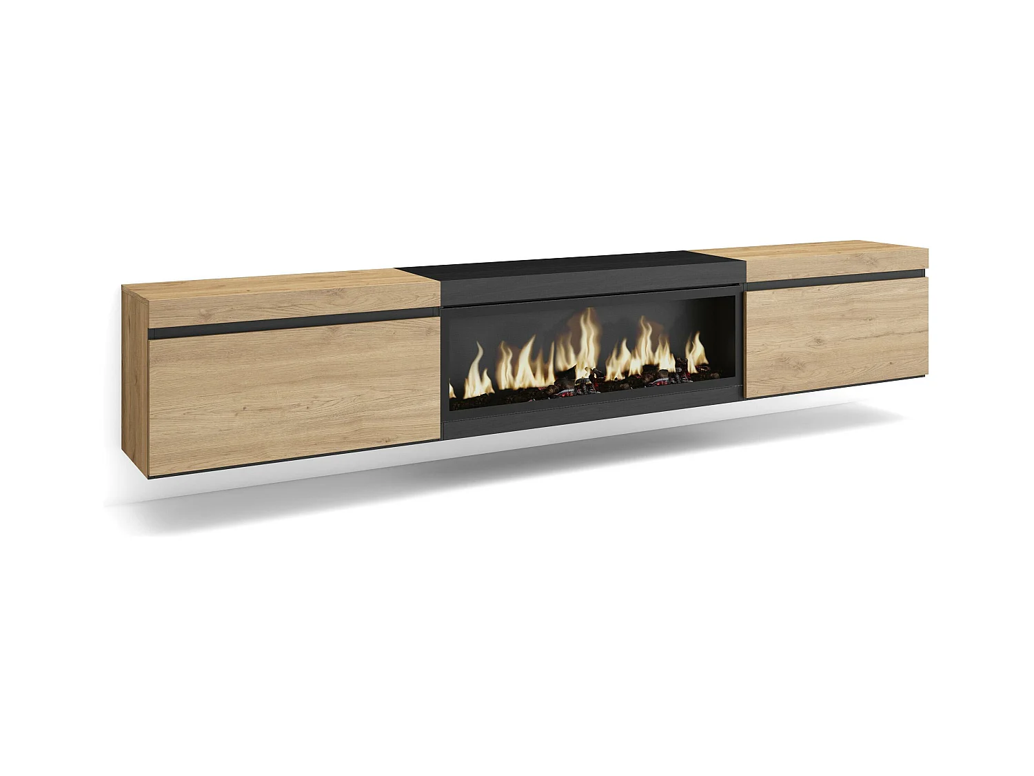 TV-Meubel, Lowboard, 267x35x45cm, Groot formaat TV, Elektrische haard XXL, Hangend, Eiken/Zwart