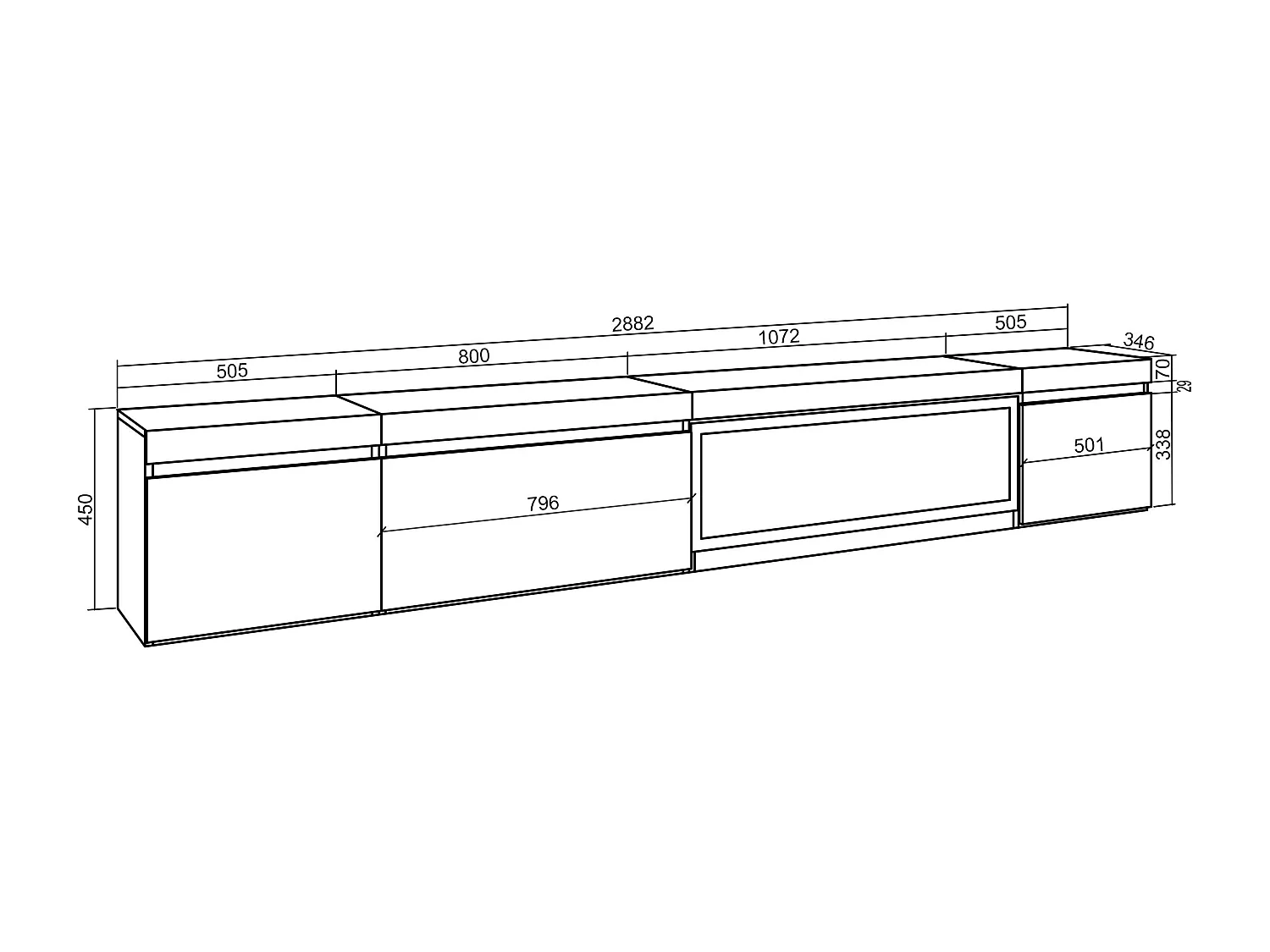 Mueble TV, Televisión, 288x35x45cm, Para TV gran formato, Chimenea eléctrica XXL, Colgado, Suspendido, Cemento