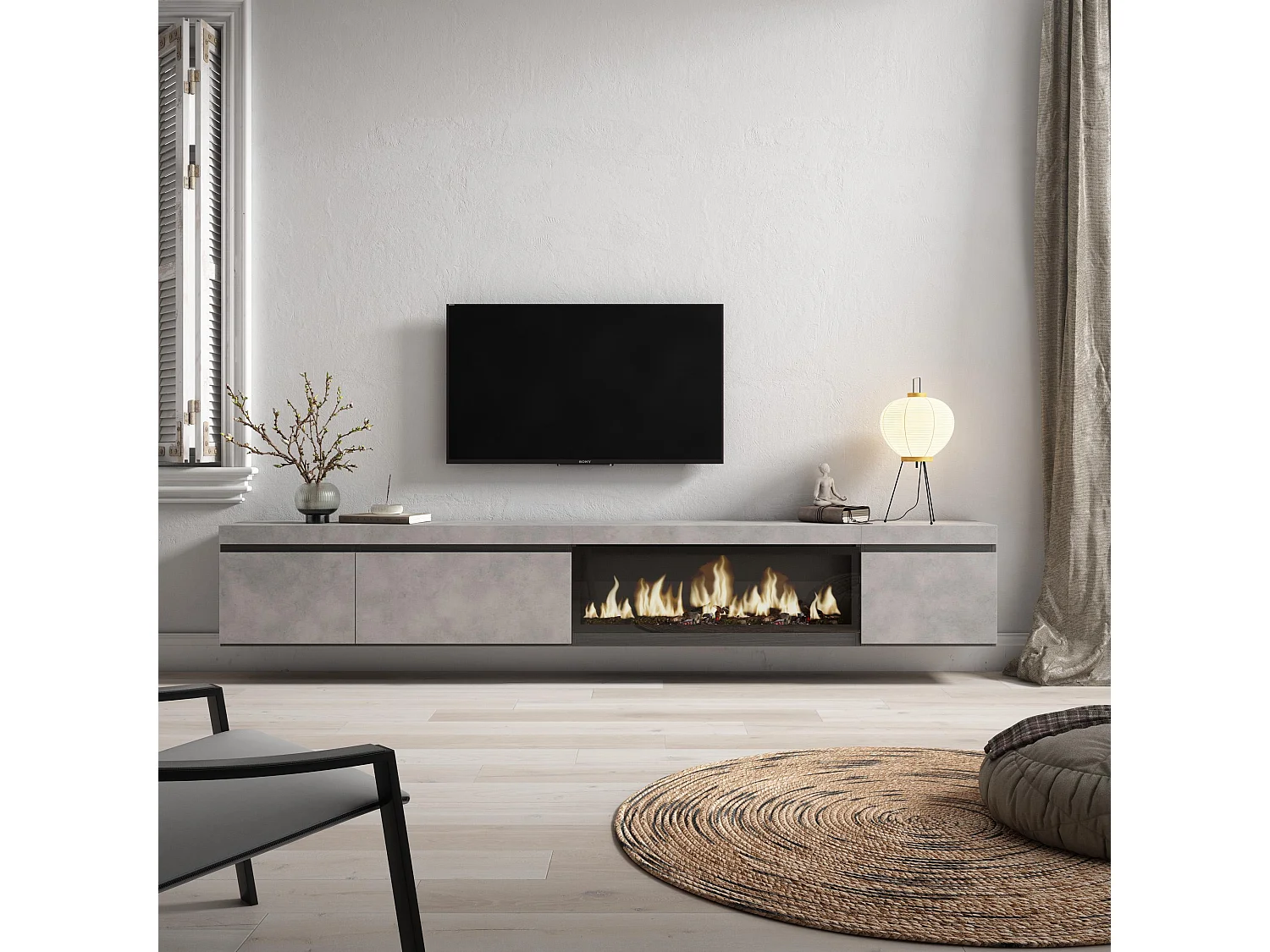 Meuble TV, Banc Télé, 288x35x45cm, TV grand format, Cheminée électrique XXL, Suspendu, Mural, Ciment