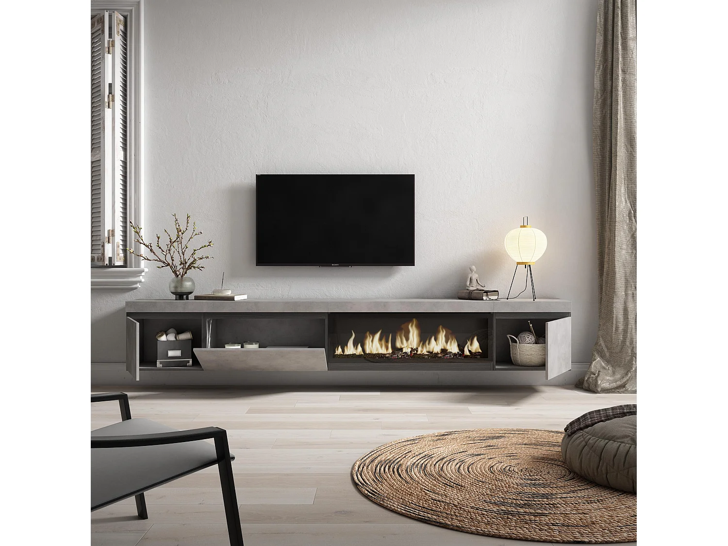 Meuble TV, Banc Télé, 288x35x45cm, TV grand format, Cheminée électrique XXL, Suspendu, Mural, Ciment