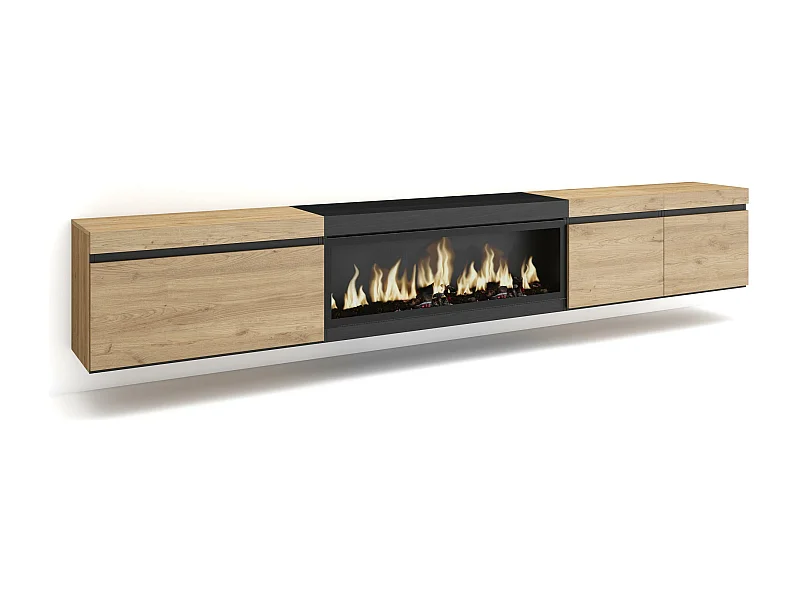TV-Schrank, Lowboard, 288x35x45cm, Für großformatiges TV, Elektrokamin XXL, Hängend, Eiche Schwarz