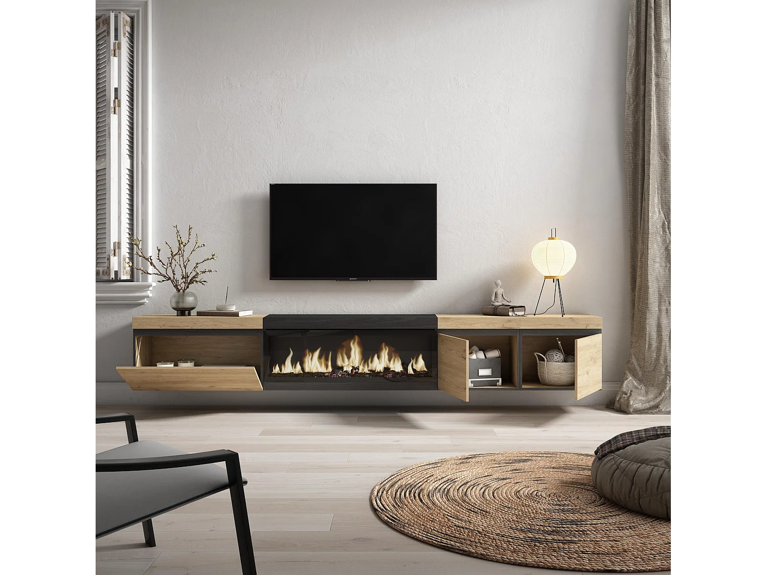 Meuble TV, Banc Télé, 288x35x45 cm, TV grand format, Cheminée électrique XXL, Suspendu, Mural, Chêne et noir