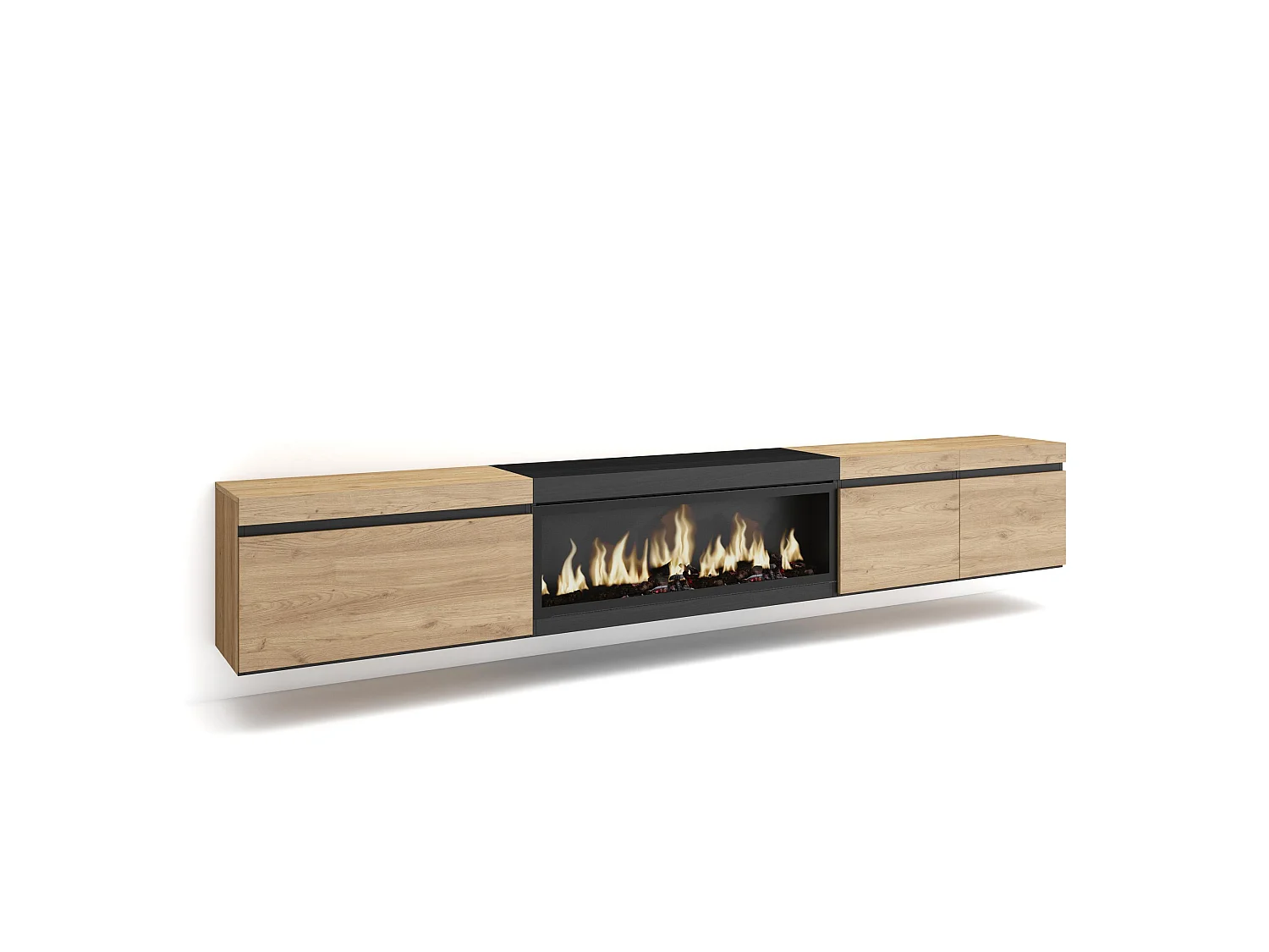 Meuble TV, Banc Télé, 288x35x45cm, TV grand format, Cheminée électrique XXL, Suspendu, Mural, Chêne et noir