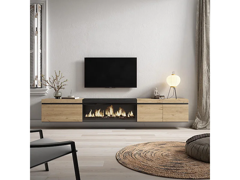 Móvel de TV, 288x35x45cm, TV de grande formato, Lareira eléctrica XXL, Suspensos, Carvahlo e preto