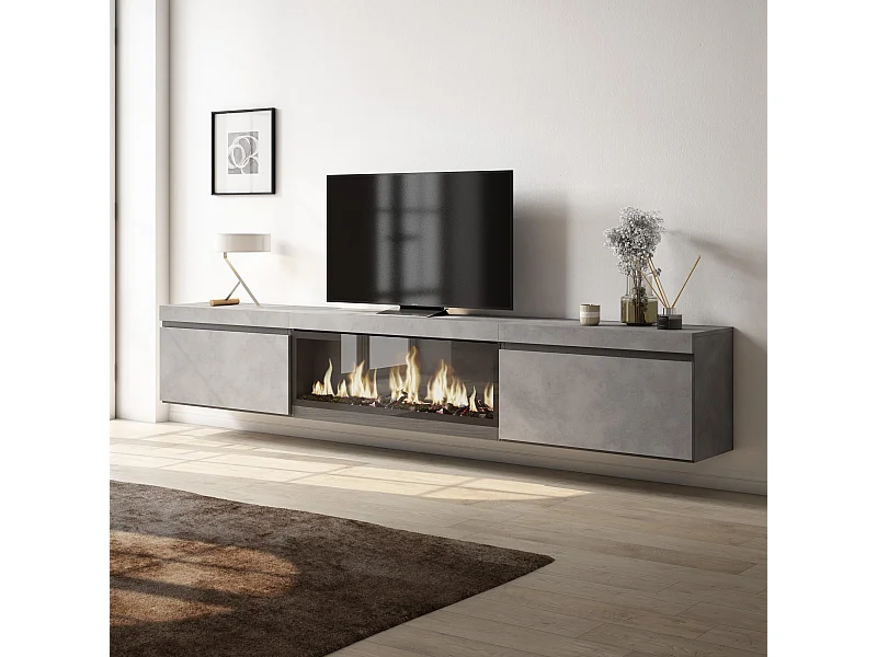 TV-Meubel, Lowboard, 267x35x45cm, Groot formaat TV, Elektrische haard XXL, Hangend, Cement