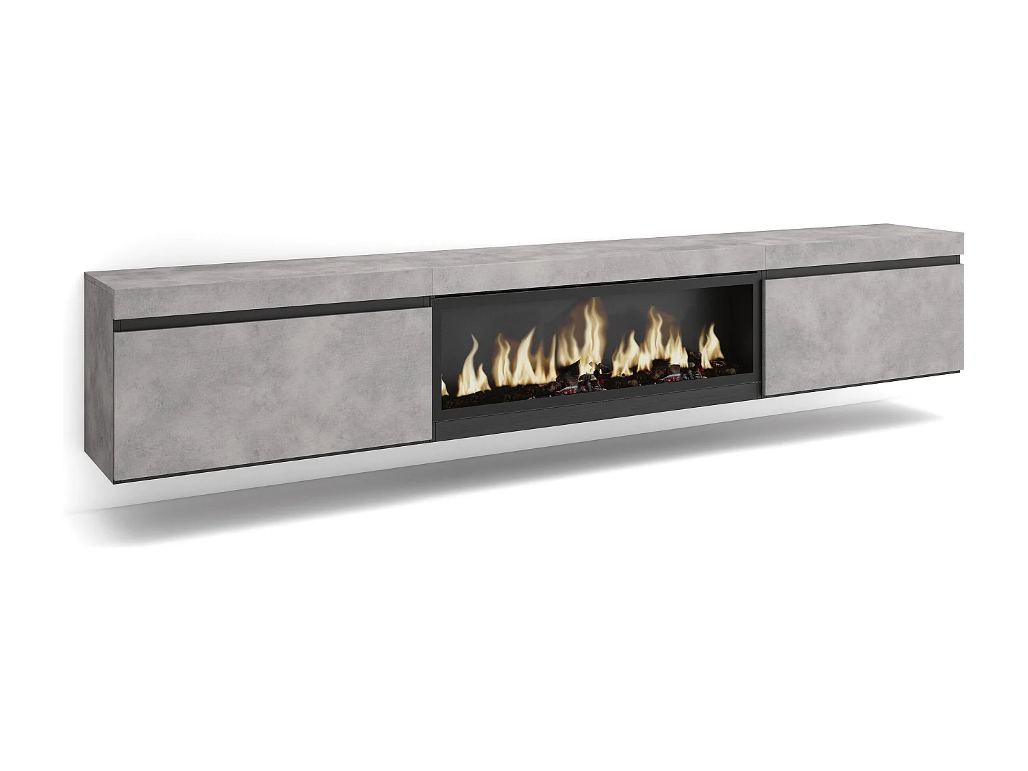 TV-Meubel, Lowboard, 267x35x45cm, Groot formaat TV, Elektrische haard XXL, Hangend, Cement