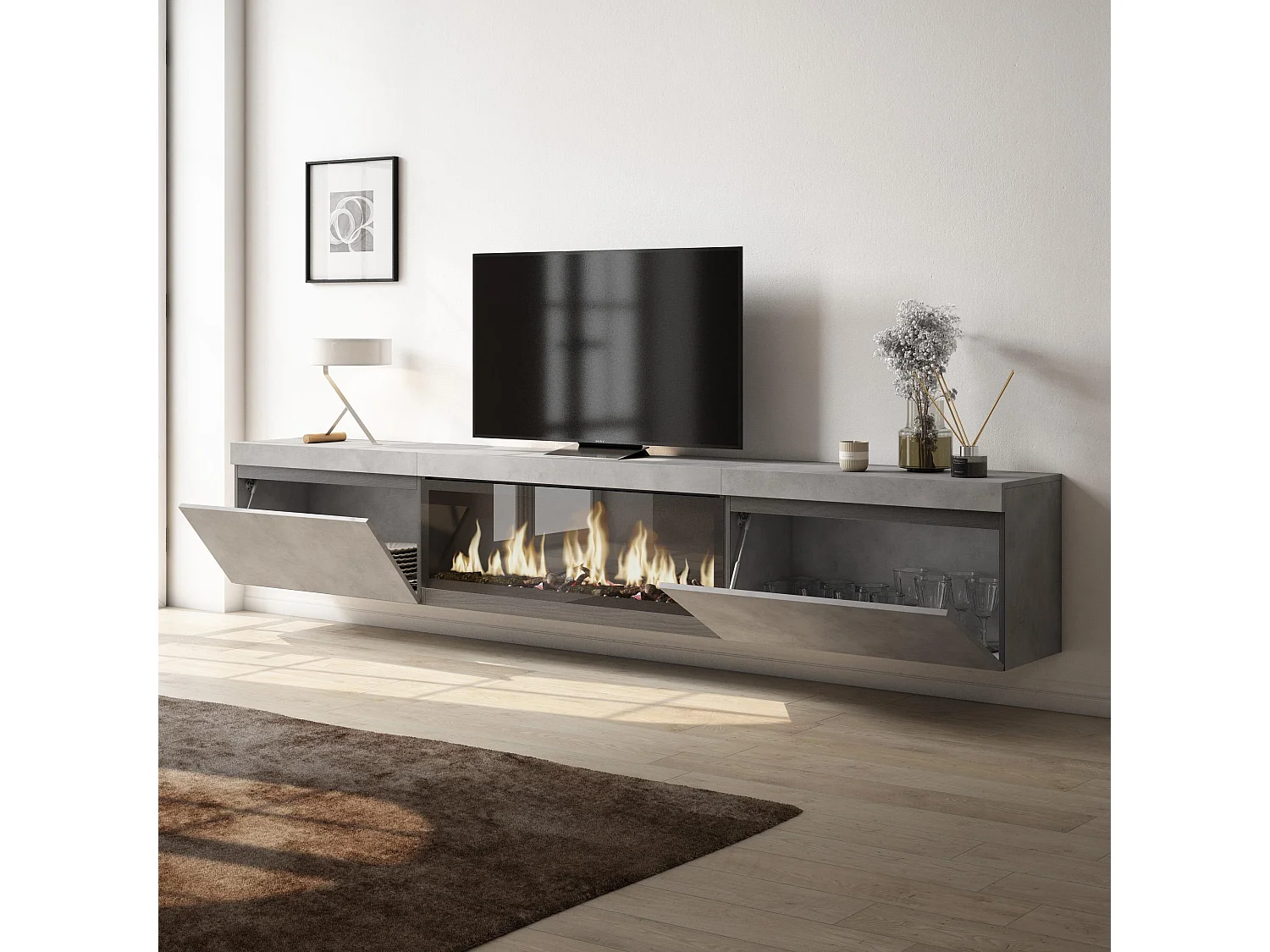 Meuble TV, Banc Télé, 267x35x45 cm, TV grand format, Cheminée électrique XXL, Suspendu, Mural, Ciment