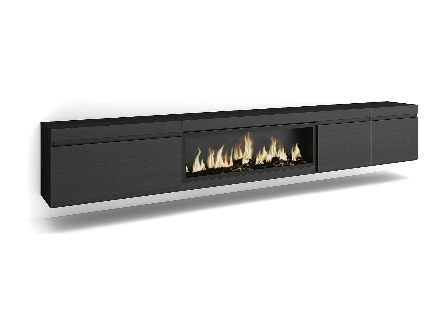 Mueble TV, Televisión, 288x35x45cm, Para TV gran formato, Chimenea eléctrica XXL, Colgado, Suspendido, Negro