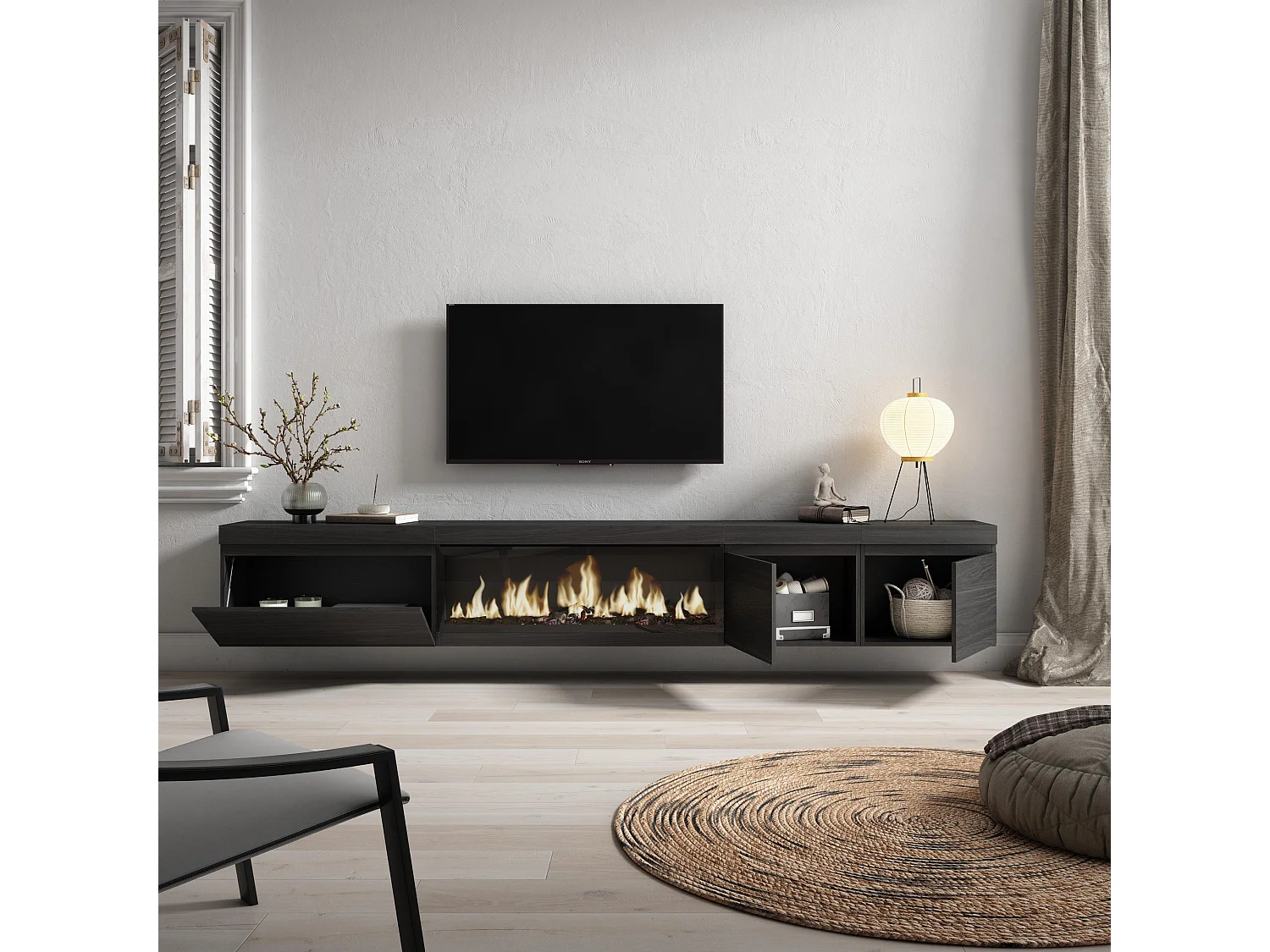 Meuble TV, Banc Télé, 288x35x45 cm, TV grand format, Cheminée électrique XXL, Suspendu, Mural, Noir