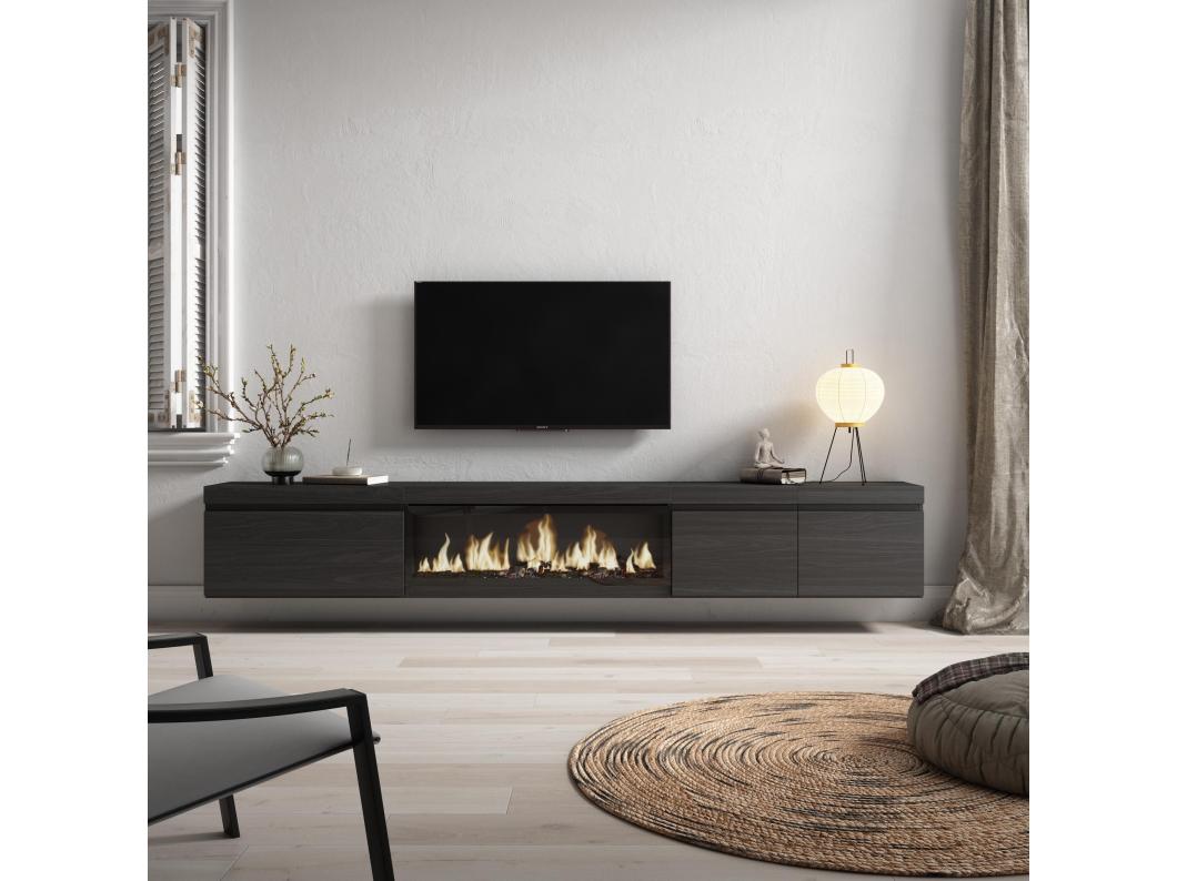 Mueble TV, Televisión, 288x35x45 cm, Para TV gran formato, Chimenea eléctrica XXL, Colgado, Suspendido, Negro
