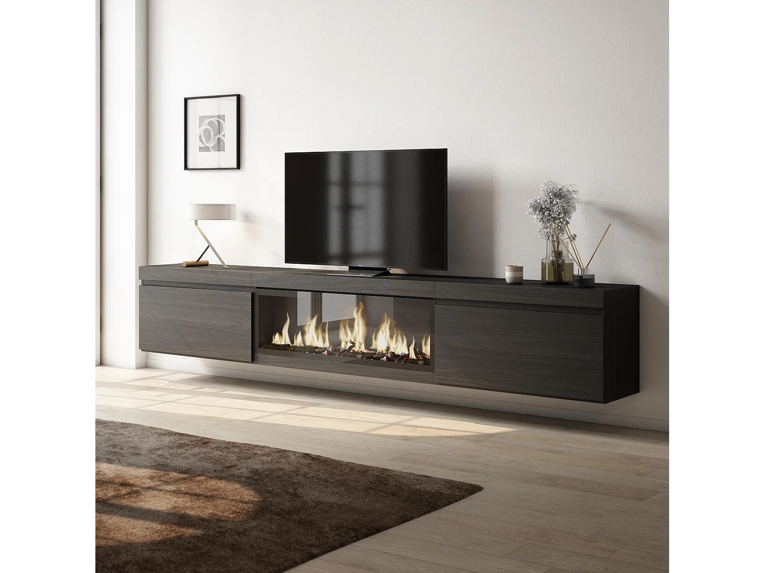 Móvel de TV, 267x35x45cm, TV de grande formato, Lareira eléctrica XXL, Suspensos, Preto