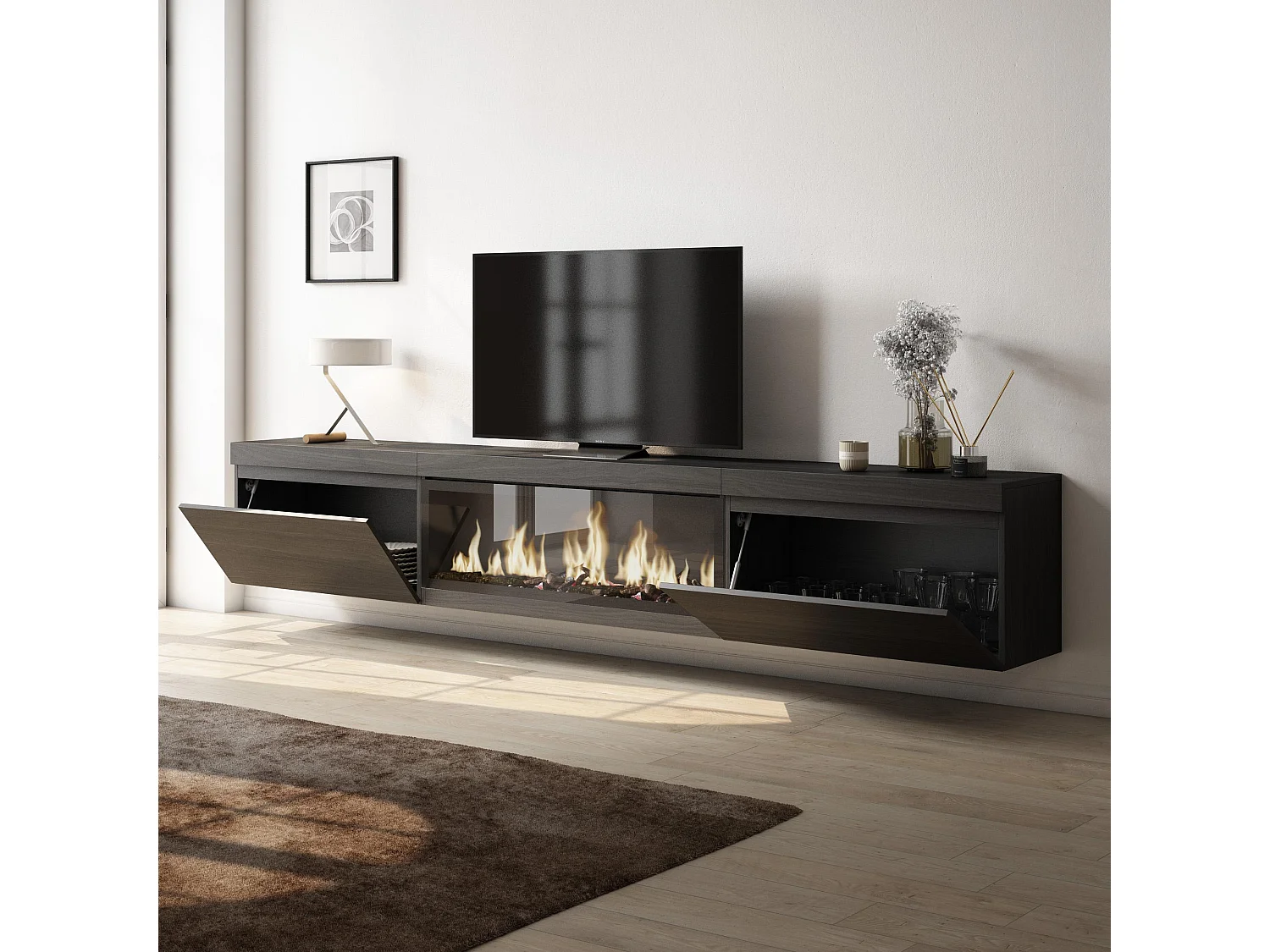 Meuble TV, Banc Télé, 267x35x45 cm, TV grand format, Cheminée électrique XXL, Suspendu, Mural, Noir