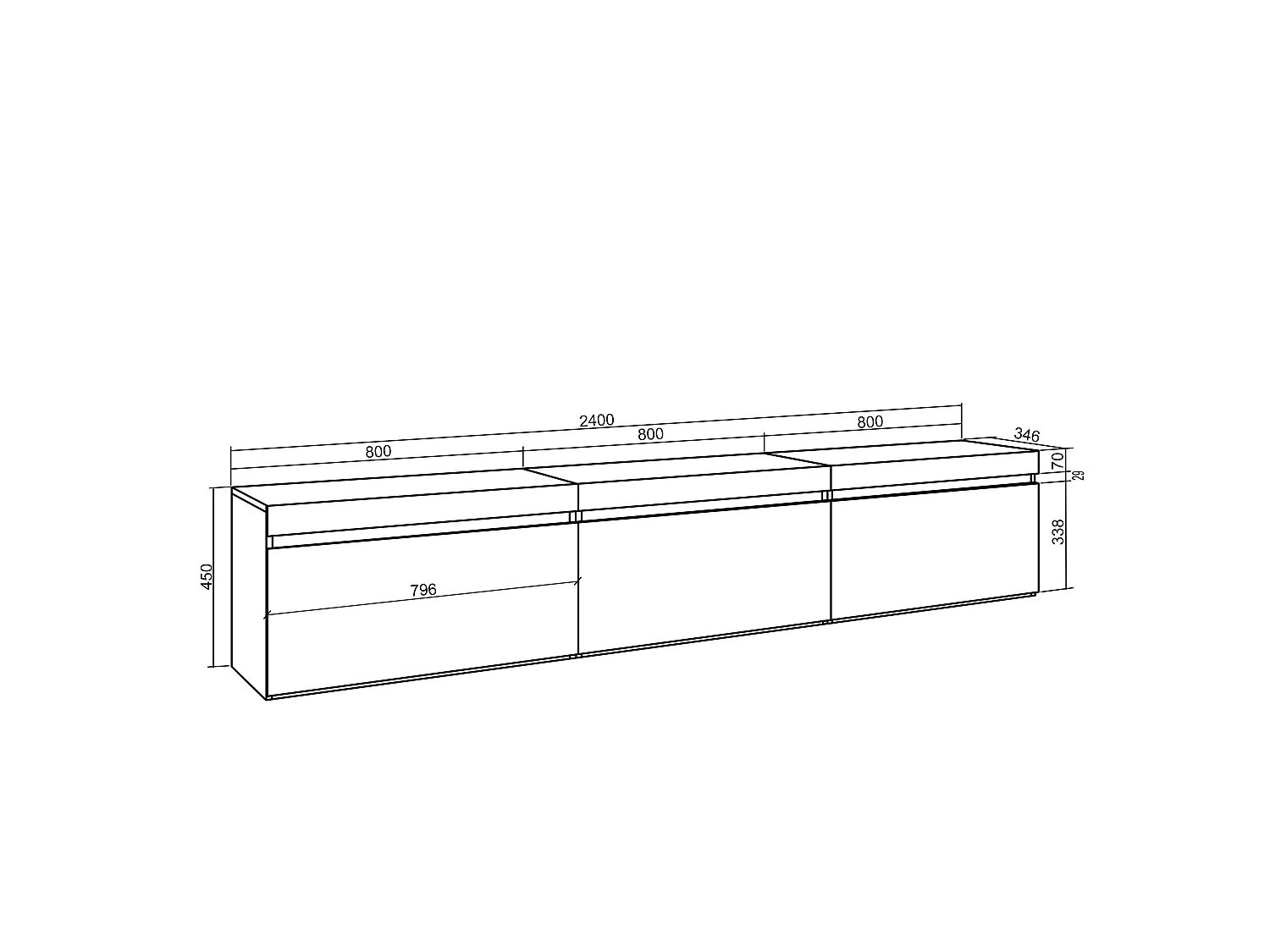 TV-Meubel, Lowboard, 240x35x45cm, Hangend, Zwart
