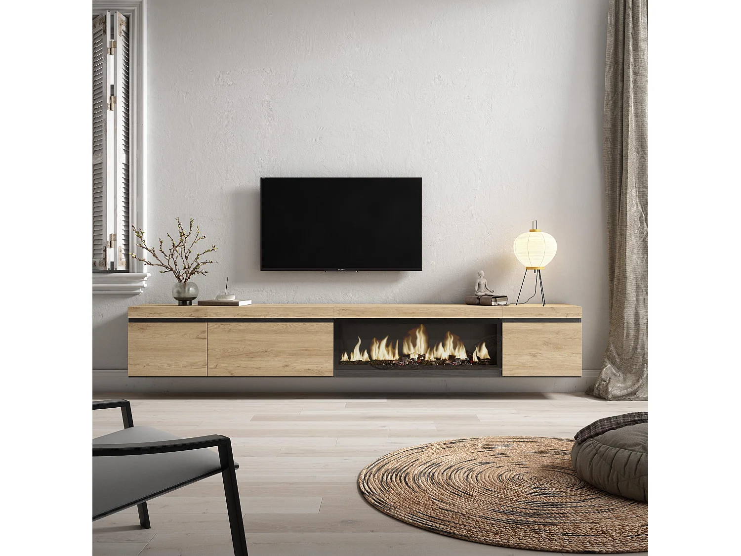 Meuble TV, Banc Télé, 288x35x45cm, TV grand format, Cheminée électrique XXL, Suspendu, Mural, Chêne