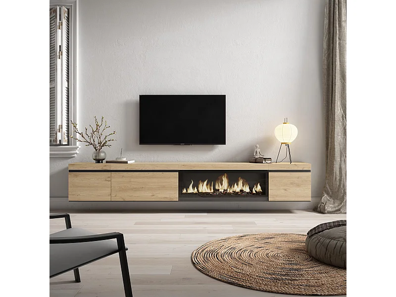 Meuble TV, Banc Télé, 288x35x45 cm, TV grand format, Cheminée électrique XXL, Suspendu, Mural, Chêne