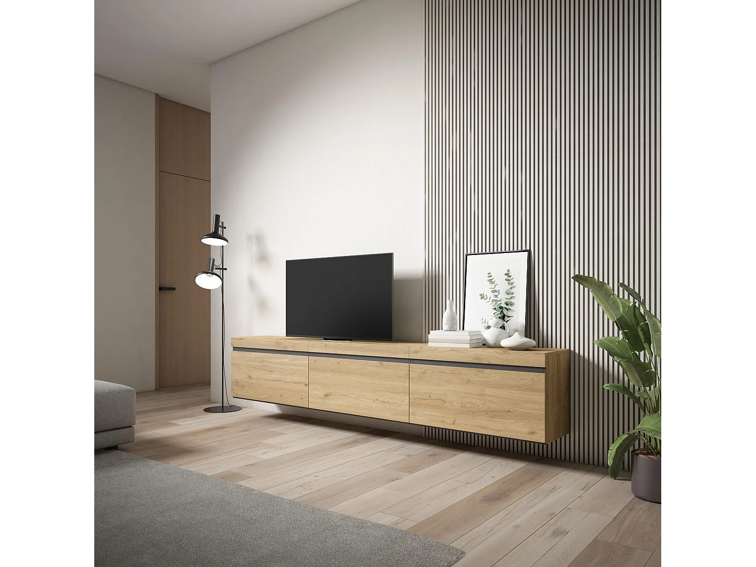 Meuble TV, Banc Télé, 240x35x45 cm, Suspendu, Mural, Chêne