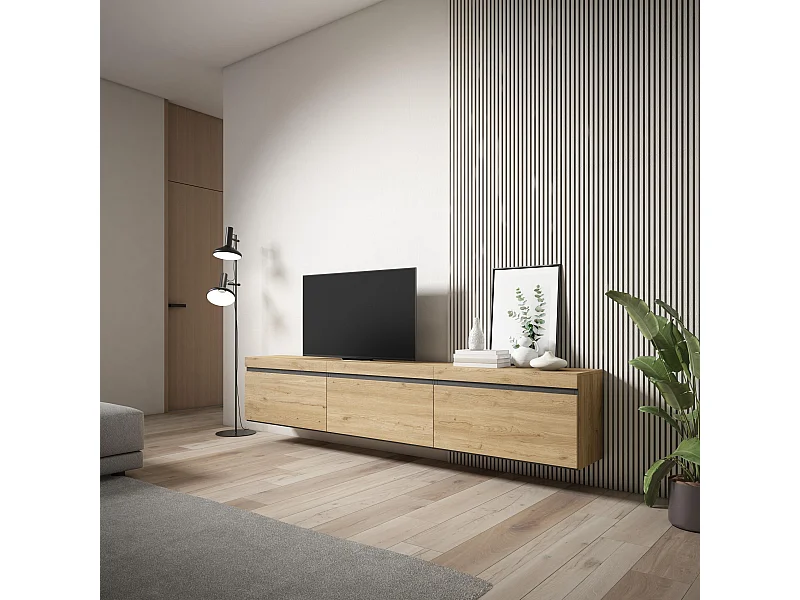 Meuble TV, Banc Télé, 240x35x45 cm, Suspendu, Mural, Chêne