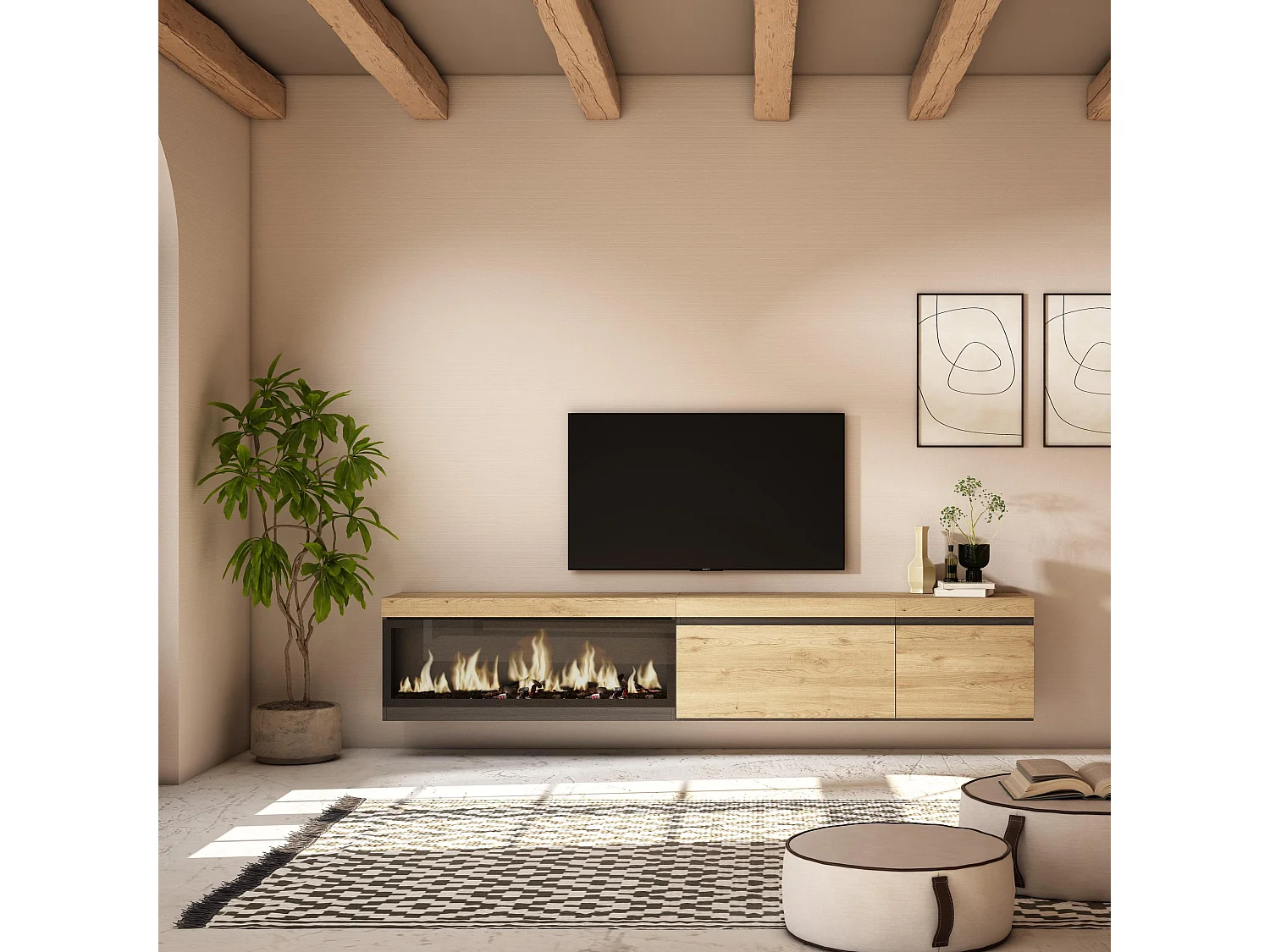 Móvel de TV, 237x35x45cm, TV de grande formato, Lareira eléctrica XXL, Suspensos, Carvalho