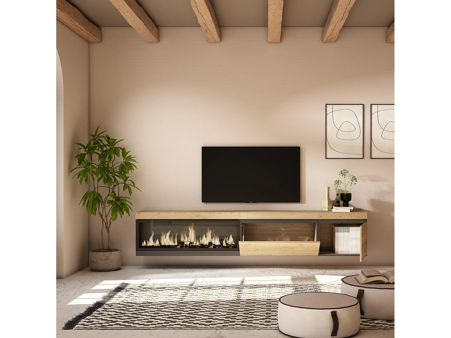 Móvel de TV, 237x35x45cm, TV de grande formato, Lareira eléctrica XXL, Suspensos, Carvalho