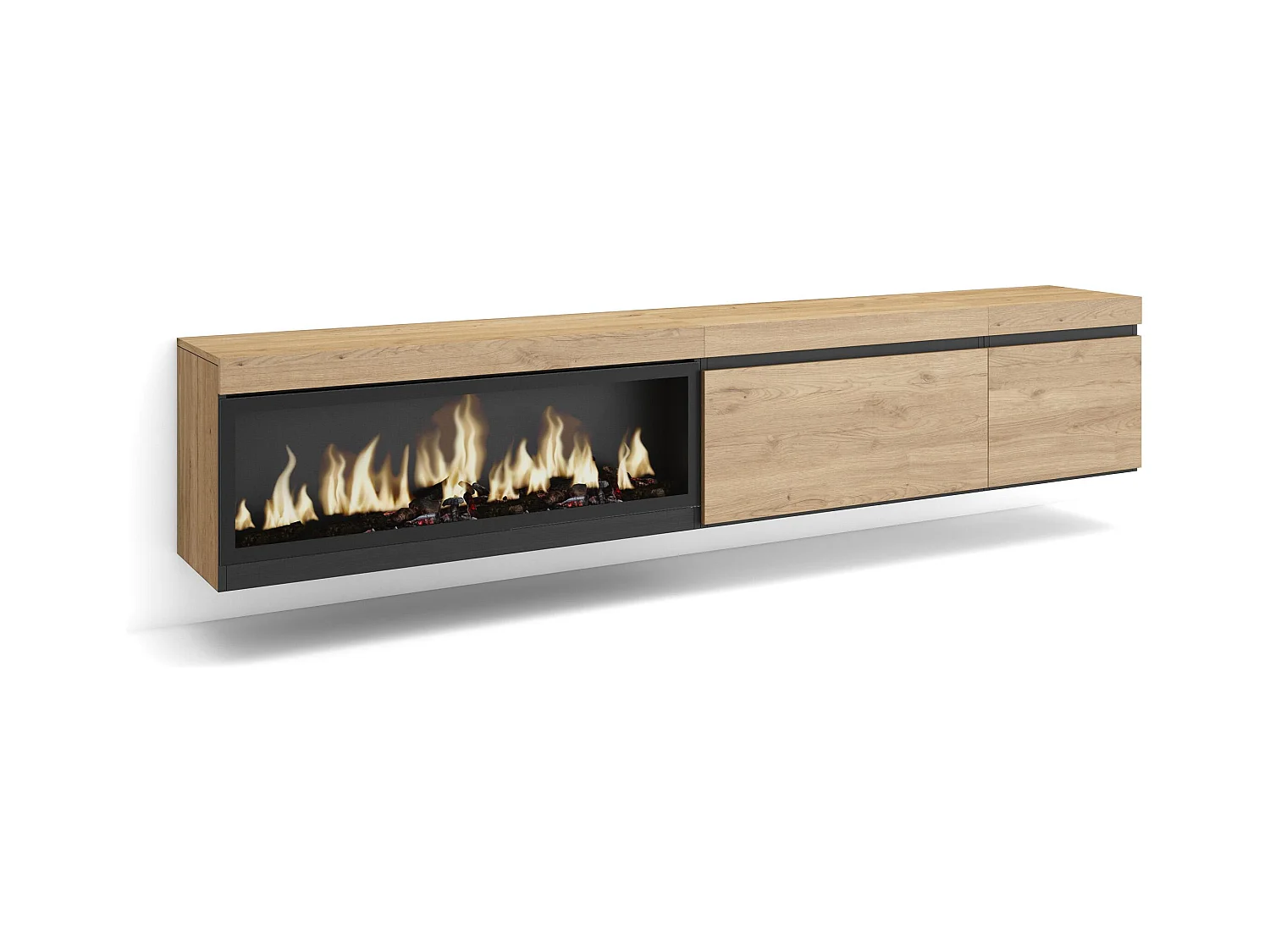 TV-Meubel, Lowboard, 237x35x45cm, Groot formaat TV, Elektrische haard XXL, Hangend, Eiken