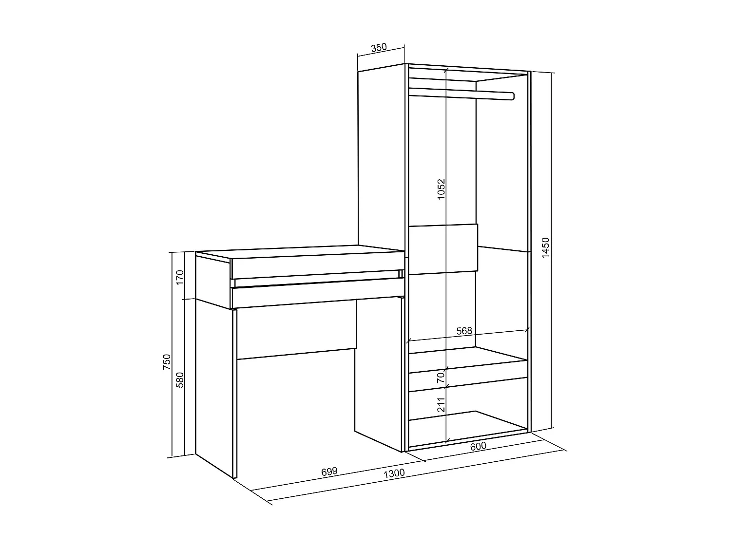 Konsolentisch, Flurtisch, 130x35x145cm, mit Schublade, Offener Kleiderschrank, Eiche