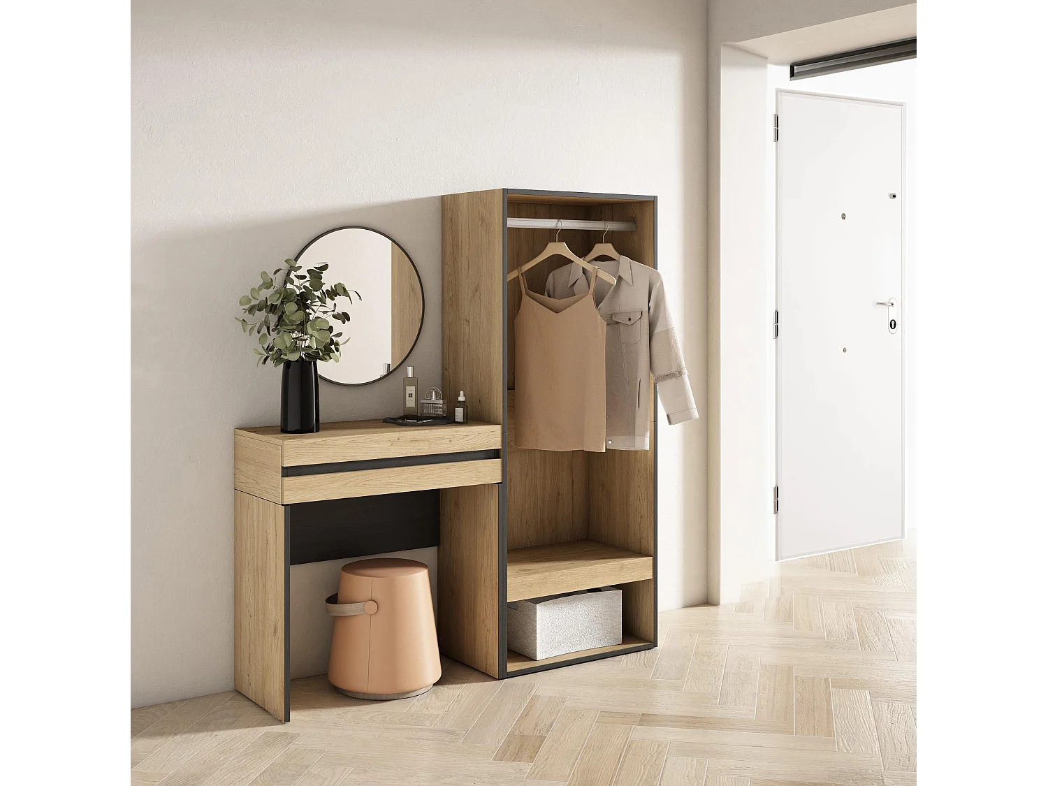 Table Console d'Entrée, 130x35x145 cm, Avec tiroir, Vestiaire ouvert, Chêne