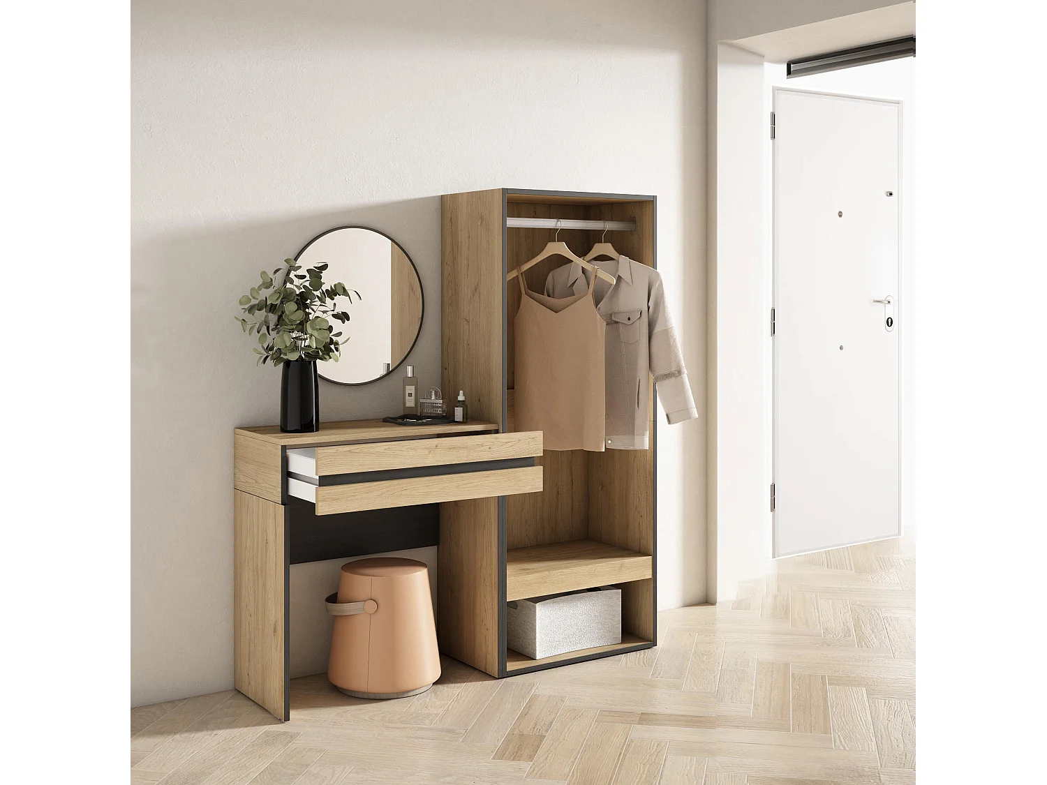 Table Console d'Entrée, 130x35x145 cm, Avec tiroir, Vestiaire ouvert, Chêne