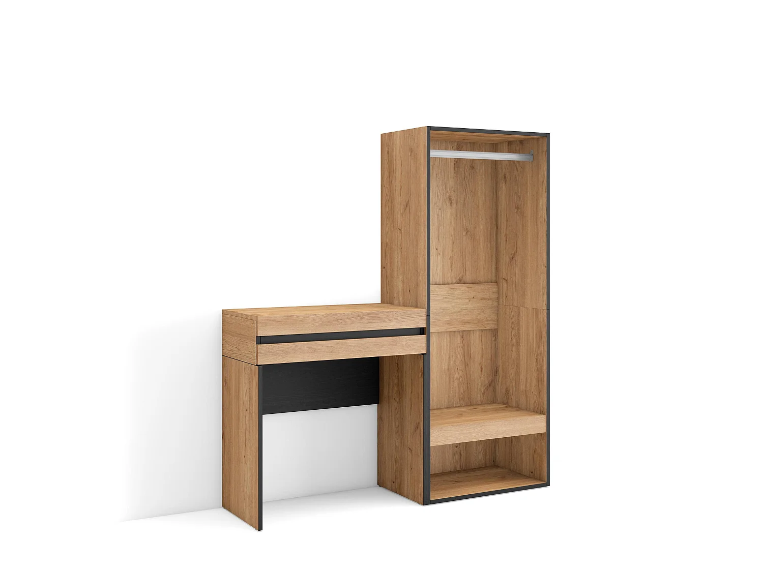 Table console d'entrée, 130x35x145cm, avec tiroir, Vestiaire ouvert, Chêne